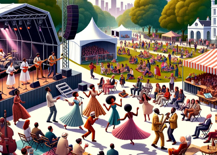  showcases various events, including the performance of a play, live music, dance performance, an outdoor cinema setup, supply of alcohol, and the playing of recorded music. The activities are all interconnected, creating a lively and festive atmosphere in the park.